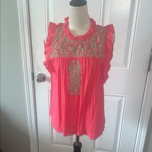 THML Orange and Pink Flutter Sleeve Ruffled Blouse size large